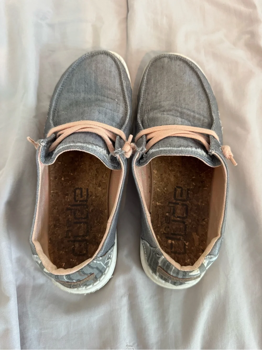 Hey Dude Gray Canvas Slip-Ons with Light Pink Laces